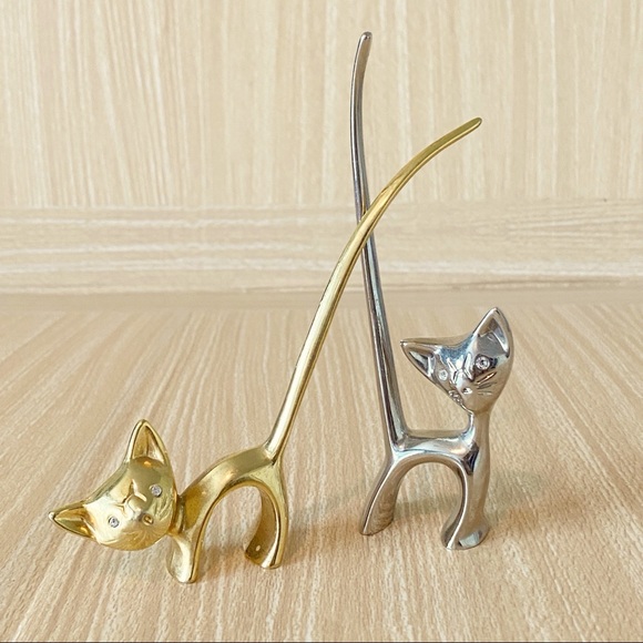 Set of 2 Silver and Gold Toned Cat Ring Holders